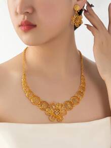 3pcs/Set 24K Gold Dubai Style Women's Fashion Jewelry, Saudi Arabia Star & Moon Necklace Set
