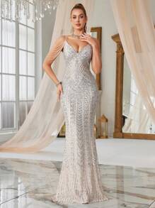 亮片魚尾裙下擺正式連衣裙