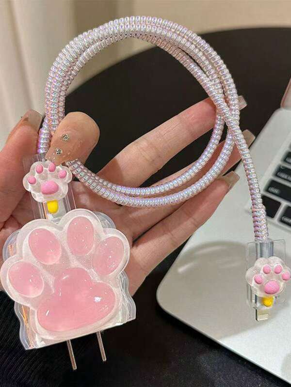5Pcs Cute Pink Cat Paw Charger Case, Compatible With Apple 18/20W Fast Charger And Data Cable, Japan And Korea Style, TPU Material, Anti-Dirt And Anti-Breakage