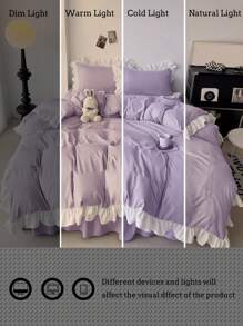 3pcs Purple Ruffled Bedding Set (1 Duvet Cover + 2 Pillowcases), Soft & Comfortable For Bedroom, Guest Room