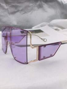 1pc Women's Oversized Flat Top Fashion Glasses, Y2K Square One-Piece Stylish Glasses, Retro Punk Large Frame , Metal Rivet Punk Glasses, Fashionable For Party, Music Festival, Beach, Holiday, Halloween, Summer Beach Vacation, Outdoor Activities, Travel