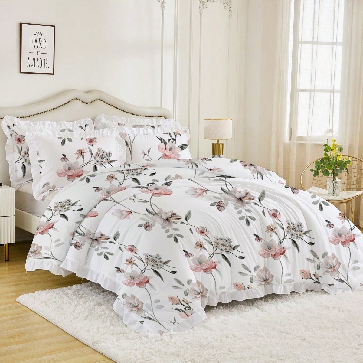 Juego de ropa de cama con volantes de flor de magnolia (Funda nórdica*1, Funda de almohada*1/2, sin edredón ni relleno de almohada), de piel amigabl