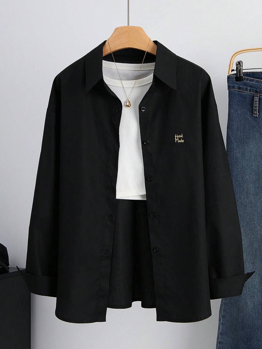 Women's Embroidered Solid Color Long Sleeve Blouse, Minimalist & Fashionable Casual Black Spring - Black - View 1