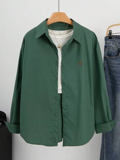 女士休闲日常纽扣刺绣开襟长袖衬衫