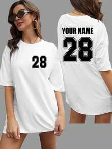 定制女士宽松T恤，可定制您的数字LOGO、姓名/文字/幸运数字，女士超大短袖T恤，节日礼物，夏季，春夏女装，闺蜜礼物，周年纪念礼物，派对，篮球服，生日礼物，情人节，休闲白色派对上衣 - 白色 - 查看 3