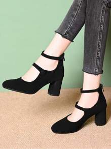 Women's Chunky Heeled Spring Mary Jane Shoes, New Soft Leather Strap Vintage Suede Round Toe Black Slip-On Pumps
