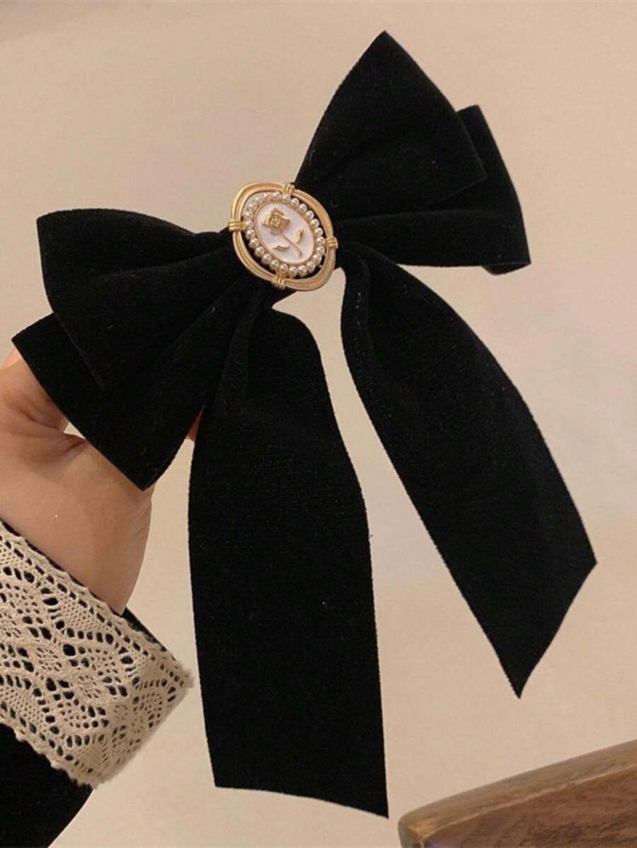 1pc Rose Flower Black Bow Hair Clip
