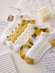 4 Pairs Vintage Floral Embossed Short Socks For Women, Yellow And Blue - Multicolor - View 5
