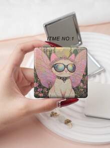 1pc Vintage Millennium Kitten Series Portable Vanity Mirror, Folding Lightweight Ultra Thin Convenient Hand Mirror, PU Leather Case, Stainless Steel Metal Vacuum Plated, Multi-Scene For All People, Folding Square Pocket Mirror
