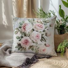 1 pieza Funda de cojín decorativo grande con estampado de rosa rosa, material de terciopelo durazno, impresión de un solo lado, 45*45cm, adecuado para sala de estar, dormitorio, sofá, uso en el hogar, regalo