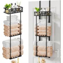 HapiRm Towel Rack Bathroom Storage - 3 Tier Over The Door Towel Rack With Metal Shelf Basket And 6 Hooks Wall Mount Towel Holder Rolled Towel Organizer For Small Bathroom Black