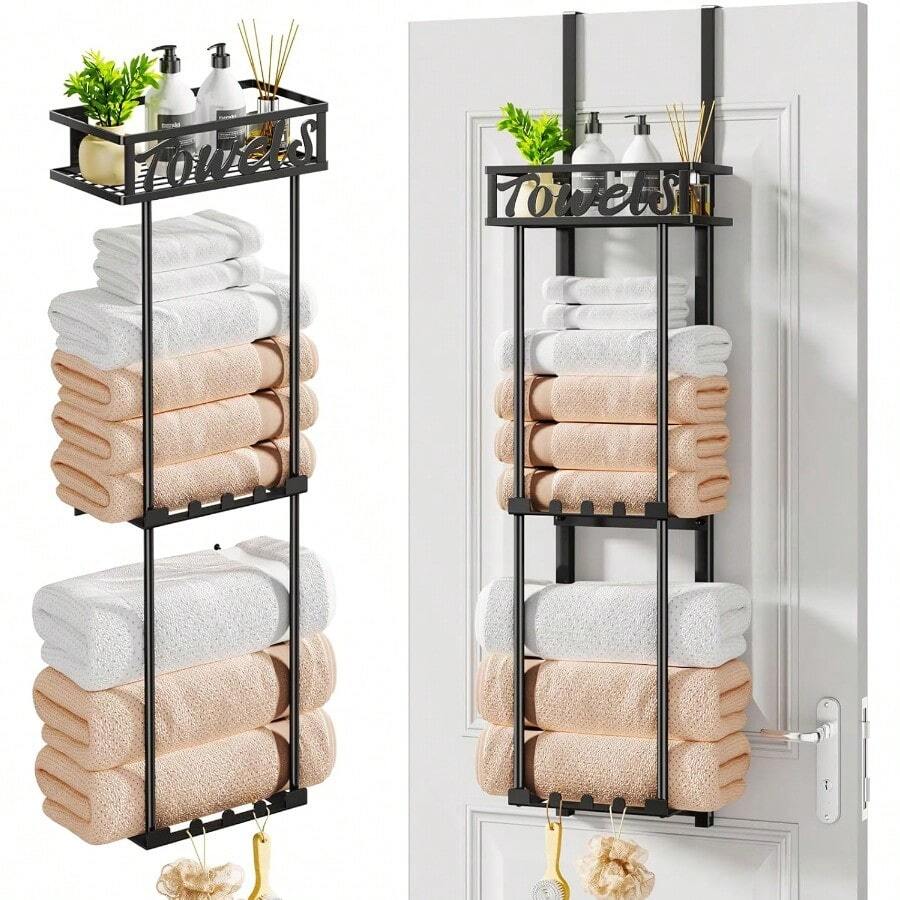 HapiRm Towel Rack Bathroom Storage - 3 Tier Over The Door Towel Rack With Metal Shelf Basket And 6 Hooks Wall Mount Towel Holder Rolled Towel Organizer For Small Bathroom Black