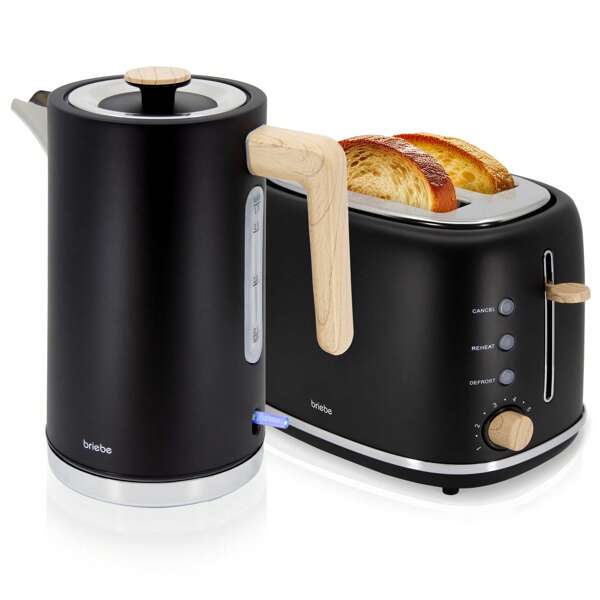  Nordic Set Wide Slot Bread Toaster 2 Fatias + Chaleira Elétrica 1,7L ✅Envio 24/48h✅ Sem Fio, Briebe, SKT1167BLK, 2200W, Preto