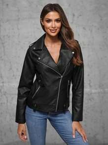 Women's Plain Long Sleeve PU Leather Jacket, Minimalist Style - Black - View 1