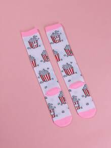 1 Pair Girls Knee High Socks With Popcorn Pattern, White, Cute & Fashion, Versatile For Party, Holiday, Festival, Casual, Sports, School Outfits, Spring New Arrival - White - View 4