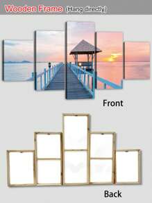 5pcs/Set Travel Posters,Wall Art With Frame,Ready To Hang,Colorful Coastal Pier Sunset Canvas Wall Art,The Bridge Into The Sea,Sailboat Sunset Reflection Boat Multipanel Travel Wall Decoration,For Bedroom Living Room Corridor, Home Decoration Gift For Him For Her,Coastal Summer Decor