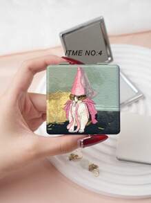 1pc Vintage Millennium Kitten Series Portable Vanity Mirror, Folding Lightweight Ultra Thin Convenient Hand Mirror, PU Leather Case, Stainless Steel Metal Vacuum Plated, Multi-Scene For All People, Folding Square Pocket Mirror