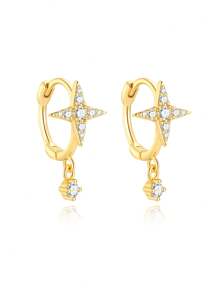 1 pièce Boucle d'oreille étoile et lune à pompons superposés pour femmes | Bijou hypoallergénique en argent sterling 925 | Boucle d'oreille clou de style de luxe, légère pour un port quotidien, soirée, mariage | Cadeau de Ramadan