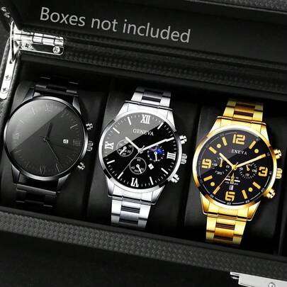 3 件男士休闲奢华商务石英表套装 - 时尚圆形表盘、日期功能、合金表壳和不锈钢表带 - 男士的完美节日礼物