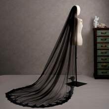 1pc Handmade Lace Trim Black Gothic Bridal Veil, Elegant Dark Style Cathedral Length Wedding Dress Accessory For Halloween Cosplay