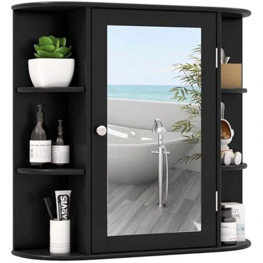 RELAX4LIFE Bathroom Wall Cabinet With Mirror - Medicine Cabinet W/Door 6 Open Shelves And Adjustable Shelves Over The Toilet Storage Cabinet Organizer Mirrored Bathroom Cabinet Wall Mount Black - 黑色1 - 查看 1
