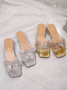 1 par de sandalias tipo slip-on de moda para adolescentes talla grande, con correa de PU de patrón de serpiente plateado, punta cuadrada, tacón grueso transparente de cristal, elegantes y lujosas sandalias de plataforma, aptas para uso casual, fiesta, viaje, primavera/verano