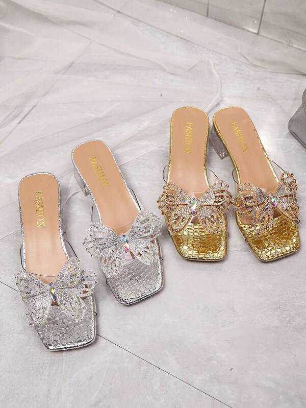 1 Pair Plus Size Fashionable Teens Slip-On Sandals, Silver Snake Pattern Mirrored PU Strap, Square Toe, Transparent Crystal Thick Heel, Elegant & Luxurious Platform Slide Sandals, Suitable For Casual, Party, Travel, Spring/Summer