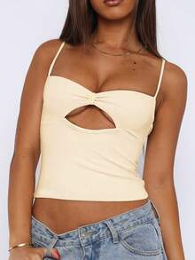 女士纯色镂空褶皱修身性感吊带背心，Y2K风格夏季音乐节 - 杏色 - 查看 4