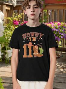 Howdy Partner! Western Cowboy Birthday T-Shirt - Cute Cactus Boot Design Kids Teen Gift 11th Birthday Party Outfit Short Sleeve Tee For Girls Boys