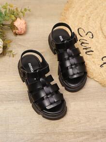 1 Pair Girls' Comfortable Waterproof Platform Black Sandals, Suitable For Summer