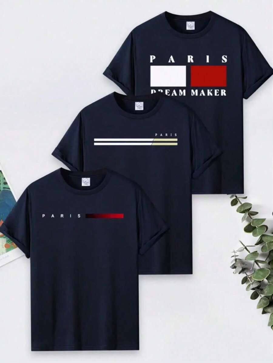 Kit 3 Men's Paris T-Shirt 100% Cotton Unisex Cotton Shirt Blouse New Release - 藍色 - 查看 1