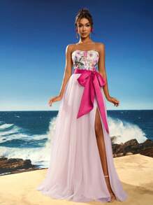 Anymoon Bustier Lace Embroidery Bow Decor Long Evening Dress, Formal, Party Dress, Gown, For Wedding Guest - Pink - View 3