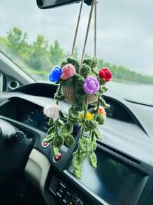 1 pieza Planta de crochet linda para espejo retrovisor de carro/decoración de habitación, accesorio colgante hecho a mano para espejo de carro estilo bohemio, adecuado para mujeres y niñas, decoración estética interior verde del carro, adorno colgante para camión para hombres