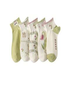 1pc Women's Short Socks Spring And Summer Flower Sweet And Cute Cartoon Little Fresh Rabbit Blue Green Ins