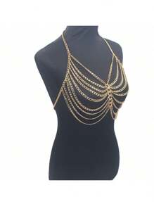 1pc Fashionable Metallic Hollow Multi-Layer Punk Unique Body Chain Necklace, Sexy Accessory For Ladies Party Outfit - Gold - View 4