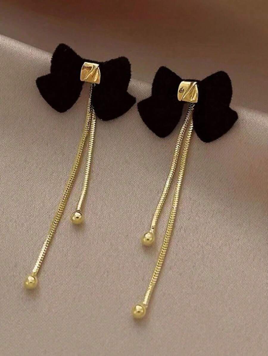1 对简约优雅可爱柔软天鹅绒蝴蝶结流苏可拆卸佩戴双向耳环，适合女性日常和节日佩戴 - 黑色 - 查看 1
