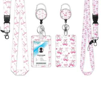 1 Set ID Badge Holder With Retractable Reel, Cute Pink Bow And Pink Cherry Detachable Lanyard, Office Accessories For Women,School Supplies,Back To School