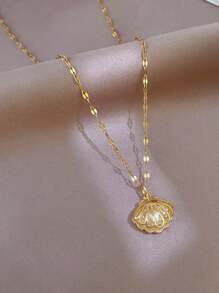 1 件奢华法式微镶锆石空心贝壳和人造珍珠项链 - 金黃色 - 查看 1