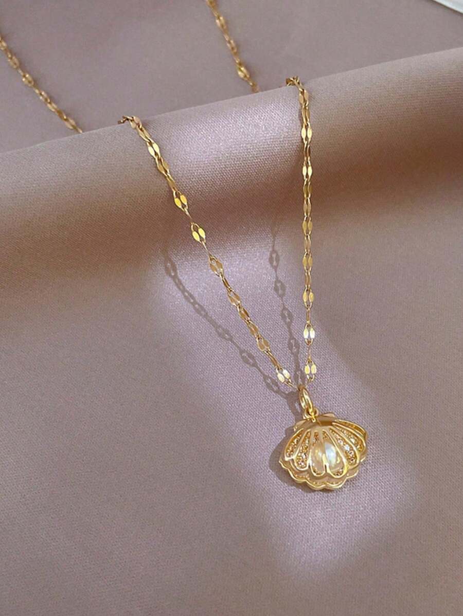 1 件奢华法式微镶锆石空心贝壳和人造珍珠项链 - 金黃色 - 查看 1