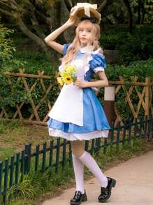 1 pieza Vestido de Lolita estilo campestre, dulce y juvenil con diadema negra, adecuado para fotografía, cosplay y disfraz de sirvienta anime