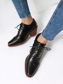 黑色高跟布洛克鞋系带西部牛仔风格女鞋 - 黑色 - 查看 2