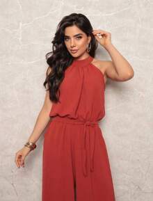 Women's Jumpsuit With Belt And Pocket - Burnt Orange - View 3