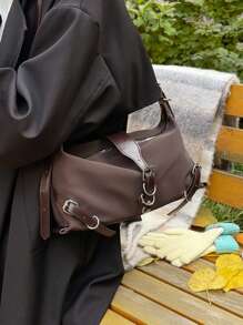 Y2K 法国小众腋下单肩包，金属饰面优质油性皮革闪亮骑行者时尚街头风格斜挎包 - 棕色 - 查看 4