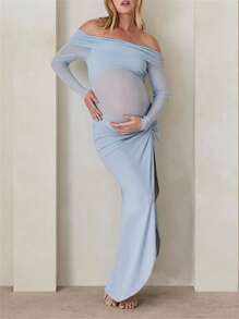 Vestido de maternidad ajustado para mujer, sin hombros, manga larga, color liso, de malla, vestido de embarazo, vestido con abertura alta - Azul cielo - Ver 1