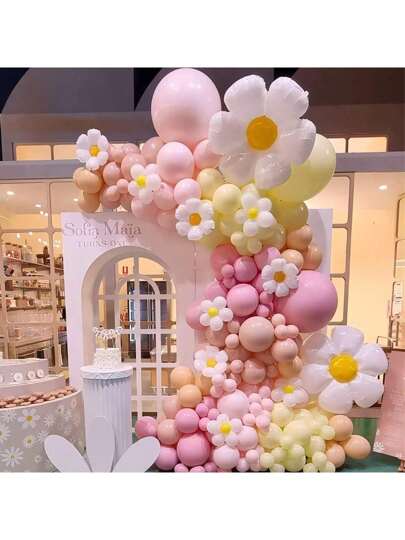143pcs Daisy Balloon Flower Garland Kit, Macaron Pink And Yellow Bohemian Style Party Decoration For Gift, Wedding, Birthday, Sunflower Theme, Back To School Valentine Day