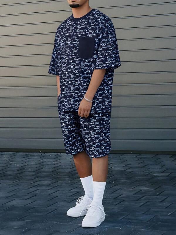 Conjunto de camiseta casual masculina com estampa espinha de peixe, gola redonda, manga curta e shorts com cordão na cintura