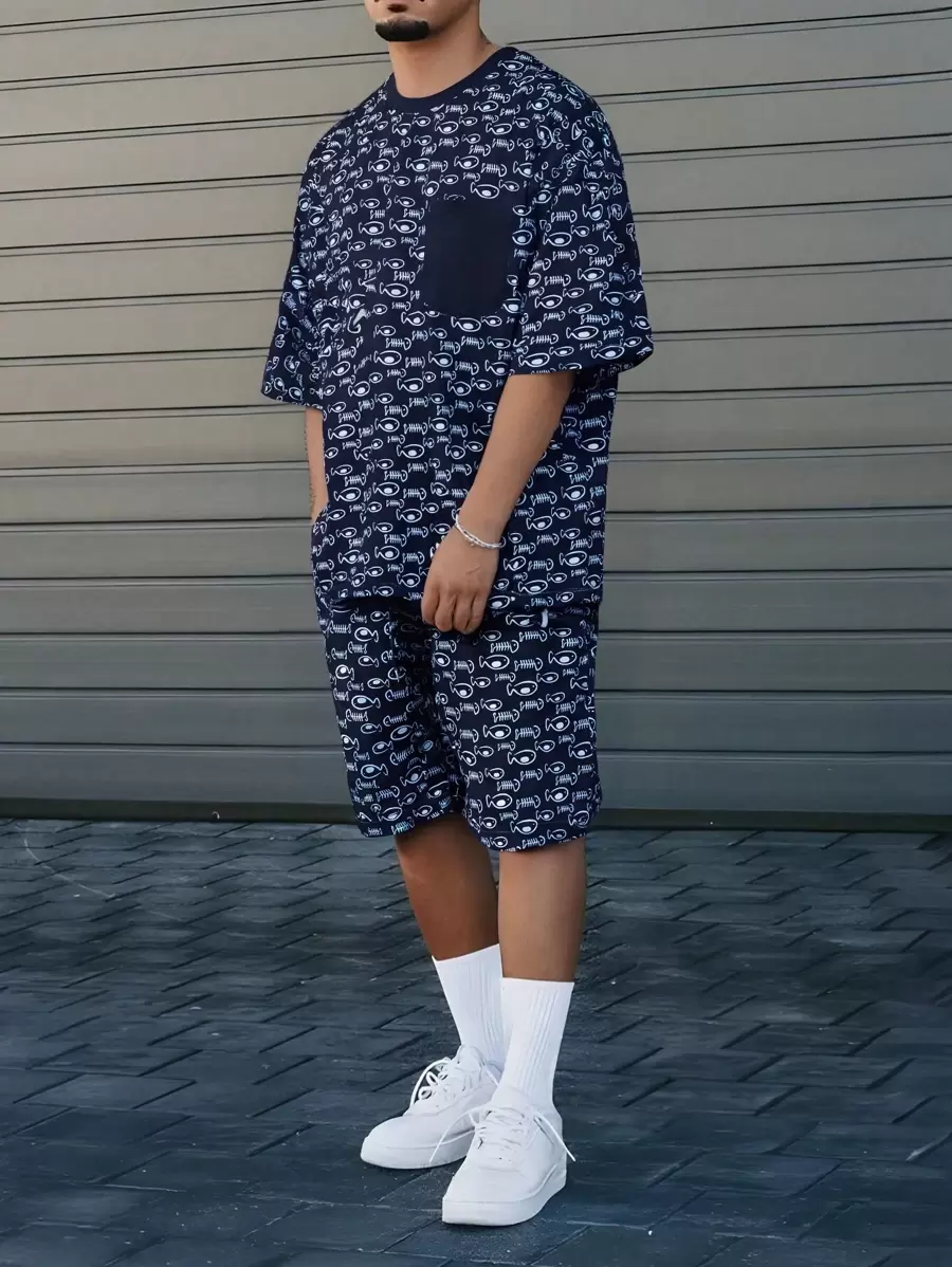 Herren Fischgrätenmuster Rundhals Kurzarm Lässig T-Shirt & Shorts Set mit Kordelzug Taille