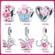 1 件 925 镀银幸运四叶草闪亮粉色雏菊花蝴蝶吊饰适合原创手链手镯项链女士 DIY 珠宝制作礼物 - 彩色 - 查看 1