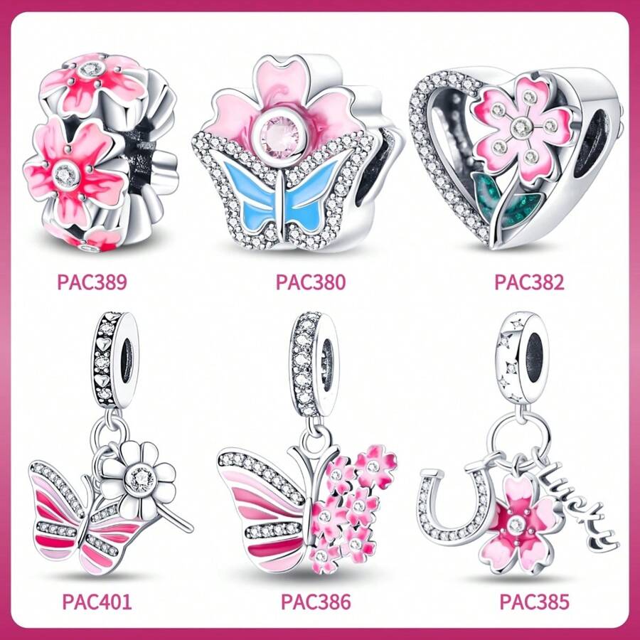 1 件 925 镀银幸运四叶草闪亮粉色雏菊花蝴蝶吊饰适合原创手链手镯项链女士 DIY 珠宝制作礼物 - 彩色 - 查看 1