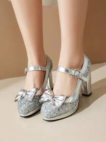 Sparkly Crystal Rhinestone Princess Mary Jane Party High Heel Shoes, Cute Bow Square Toe Thick Strap Pumps For Women